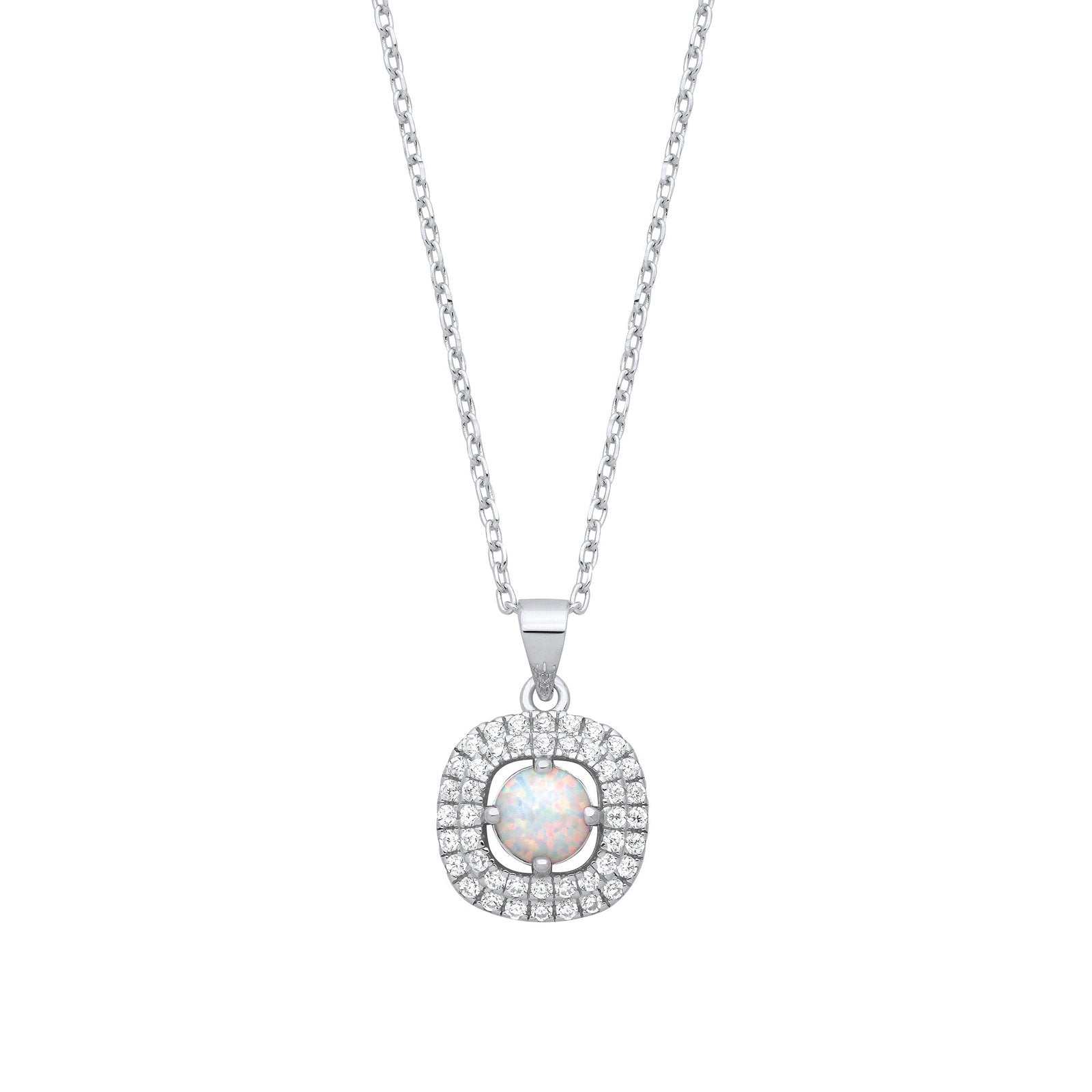 Silver Opal Halo Style Pendant with Chain - Fine Necklace - Certified Authentic - Swiss Made – Luxury Jewellery by Imp